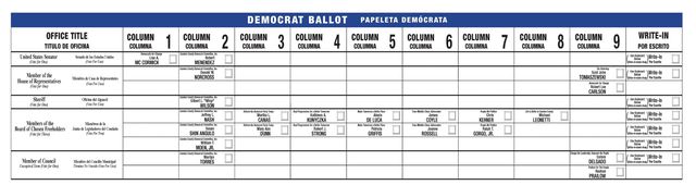 This NJ ballot shows down ballot candidates under incumbent senator Robert Menendez, with other parties' candidates in far flung parts of the ballot